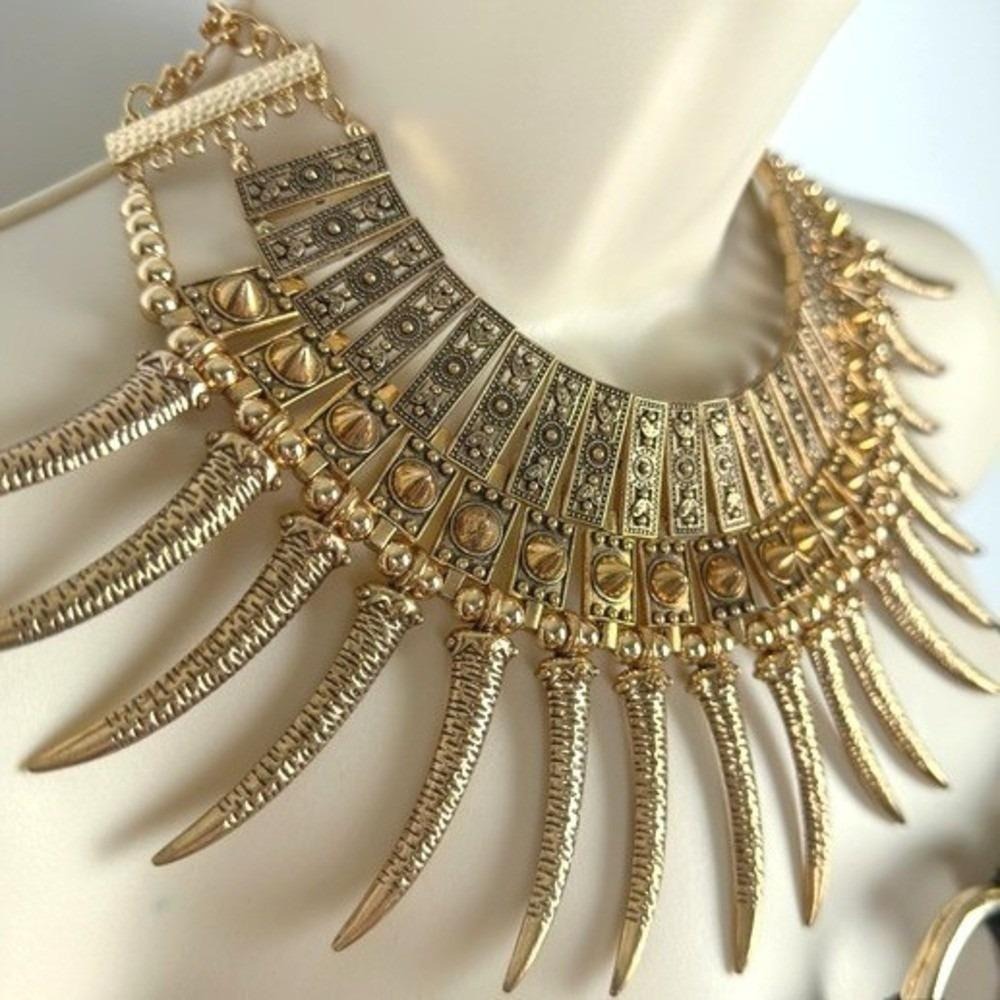 Tribal Statement Bib Necklace Gold Tone Bold Geometric - Picture 5 of 7